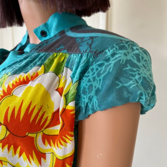 Desigual Turquoise Floral Blouse with Smoked Detail & Pockets Blue Size Small - Picture 6 of 6